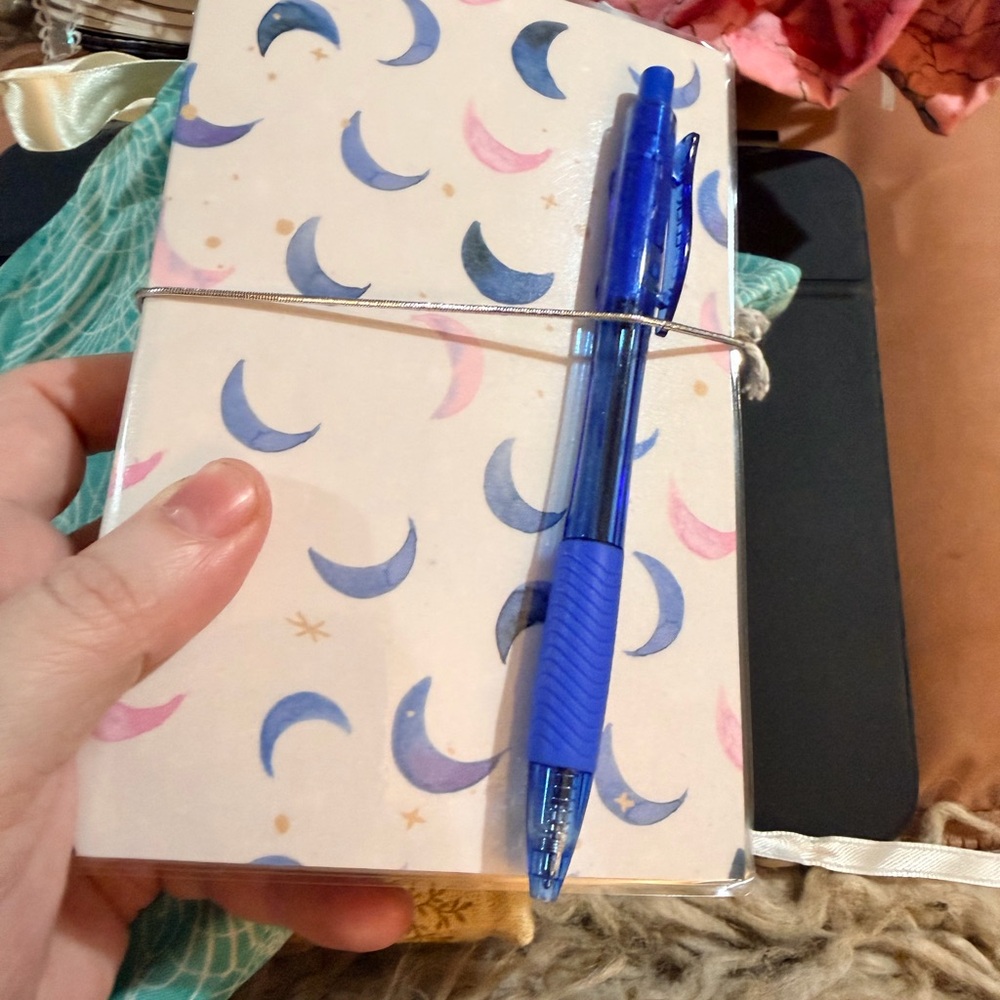 Handmade Laminated Crescent Moon JunkJournal with Blue Pen